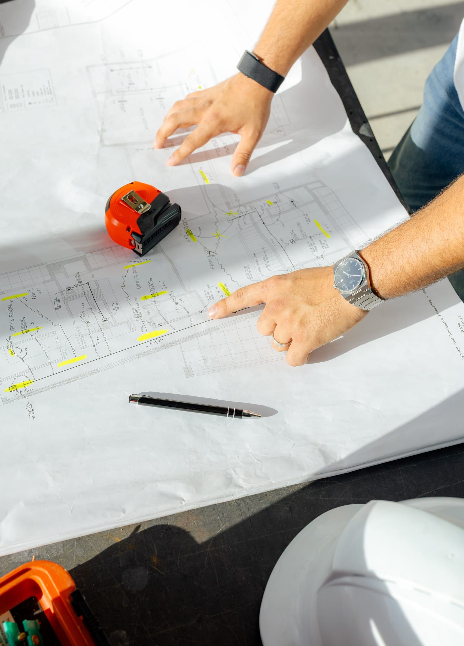 On-site blueprint and architectural plan inspection by AMG Contracting